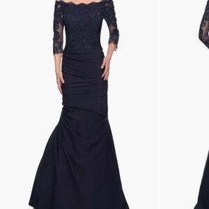 La Femme Navy Long Sleeve Lace Gown